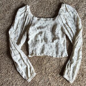 Smocked Square-Neck Long Sleeve Crop Top in Cream with Navy Floral